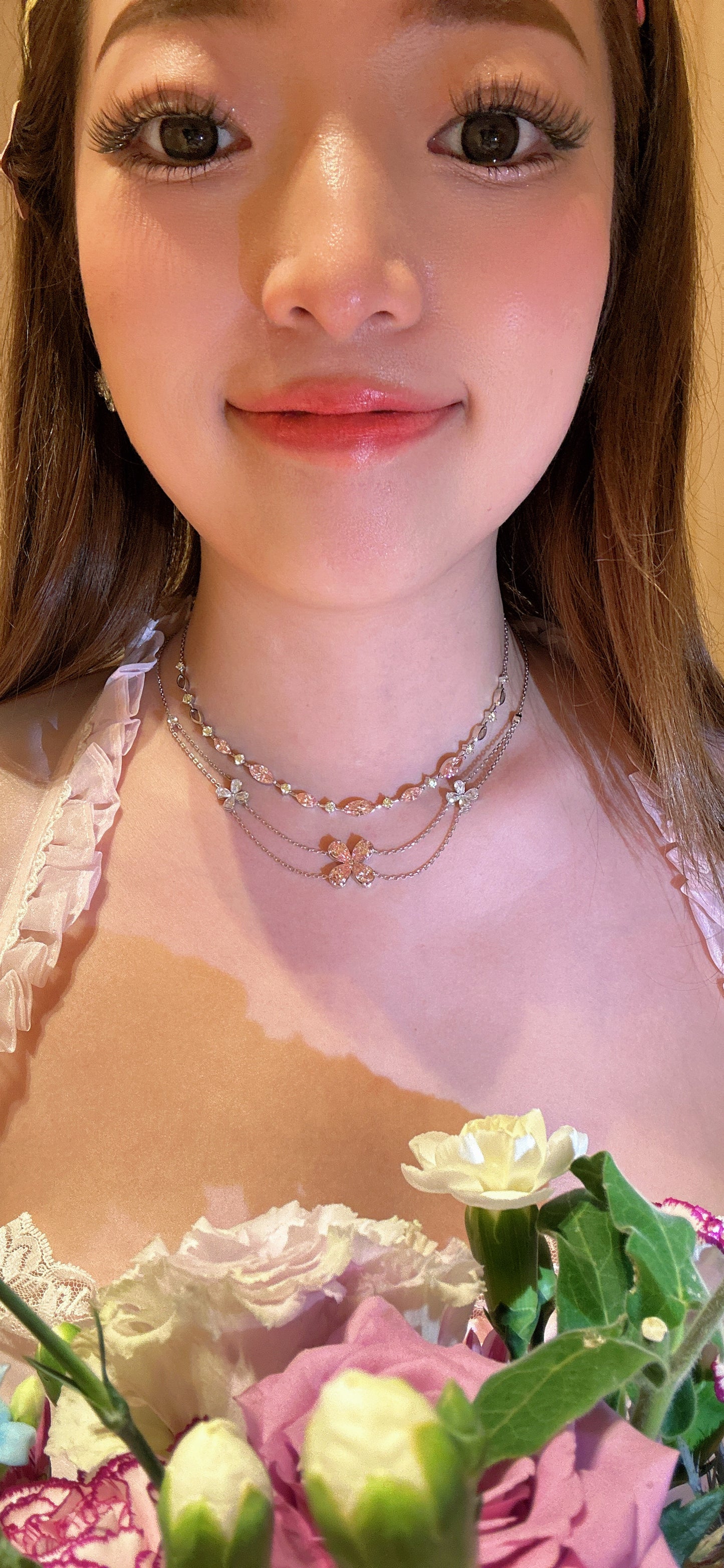 Lab grown princess double layer pink flower necklace