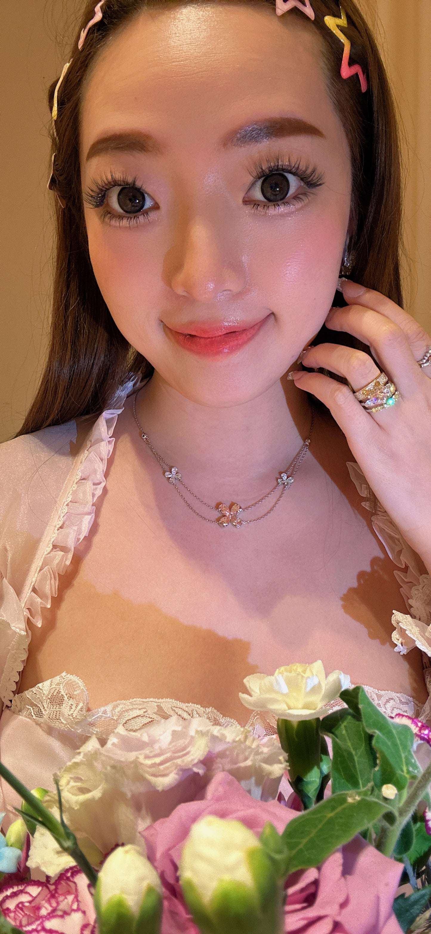 Lab grown princess double layer pink flower necklace