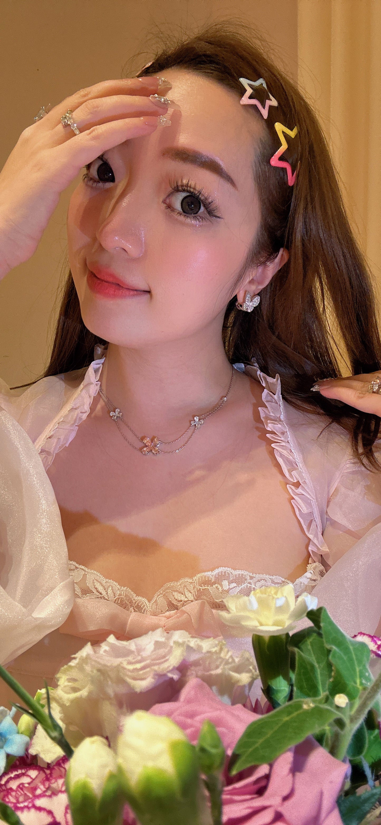 Lab grown princess double layer pink flower necklace
