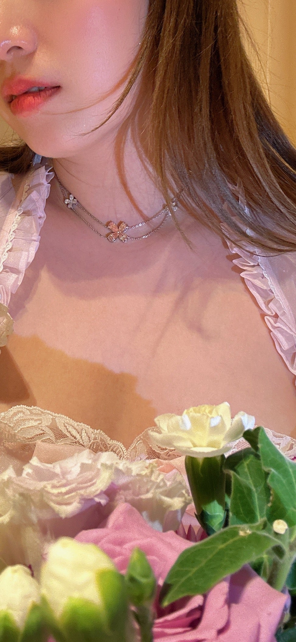 Lab grown princess double layer pink flower necklace
