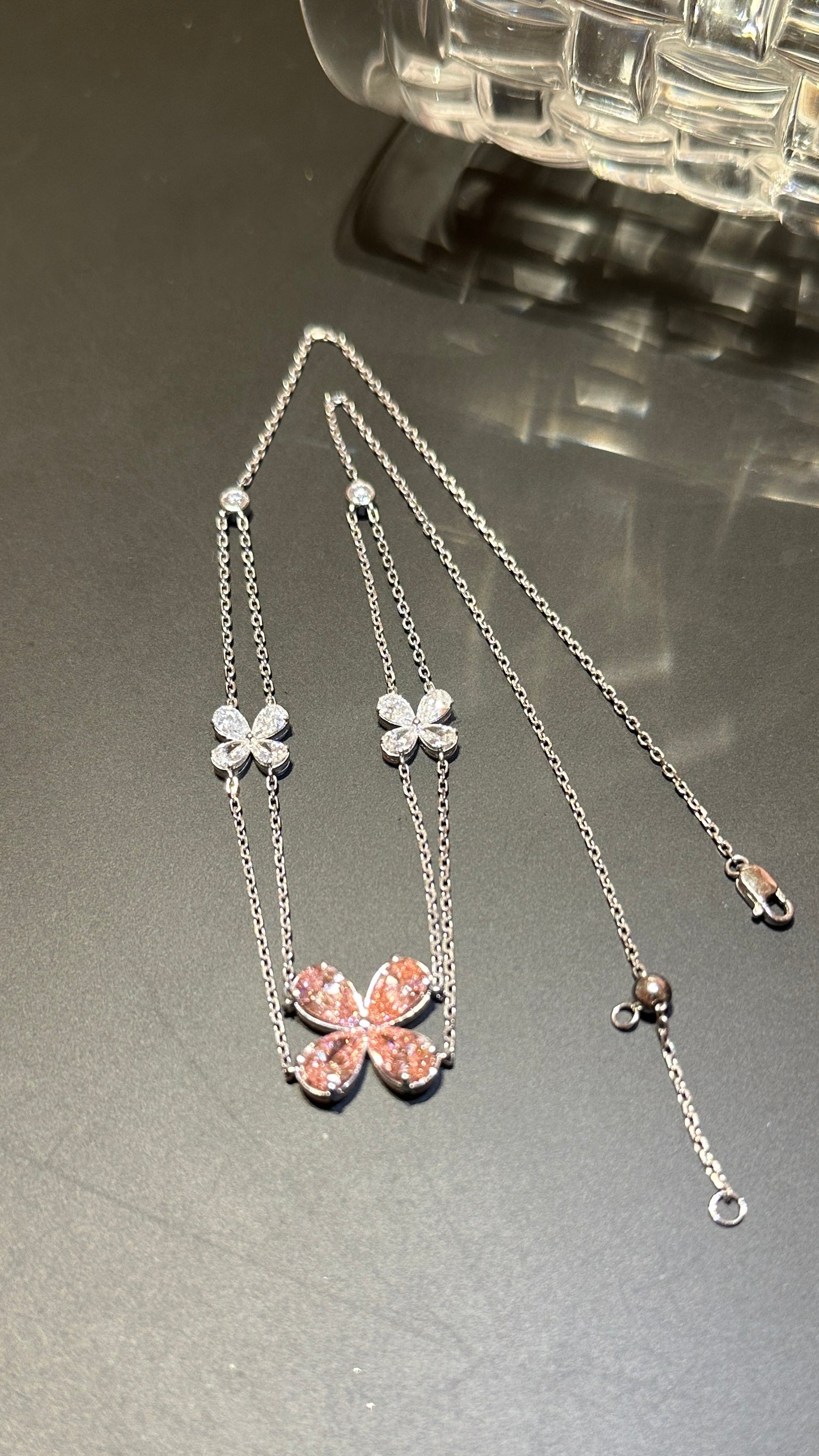 Lab grown princess double layer pink flower necklace