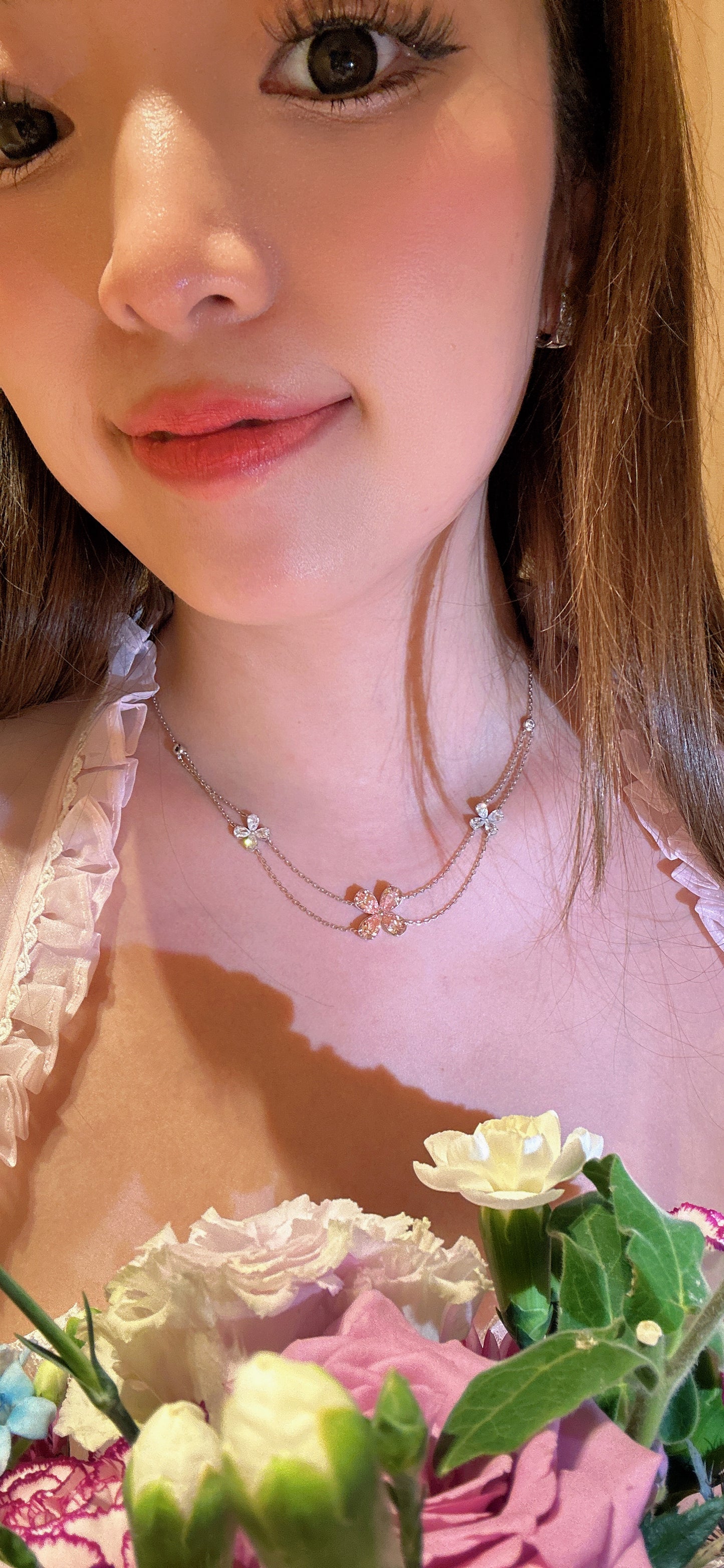 Lab grown princess double layer pink flower necklace