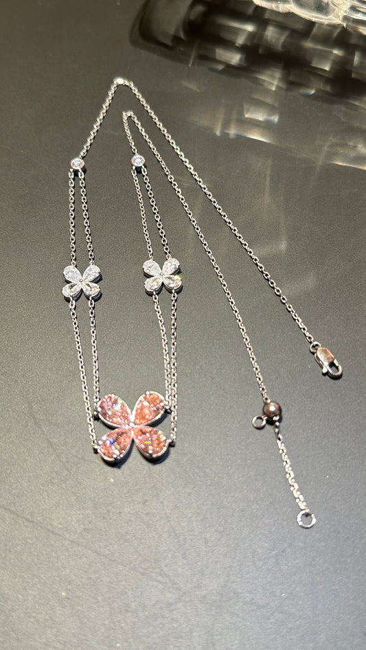 Lab grown princess double layer pink flower necklace
