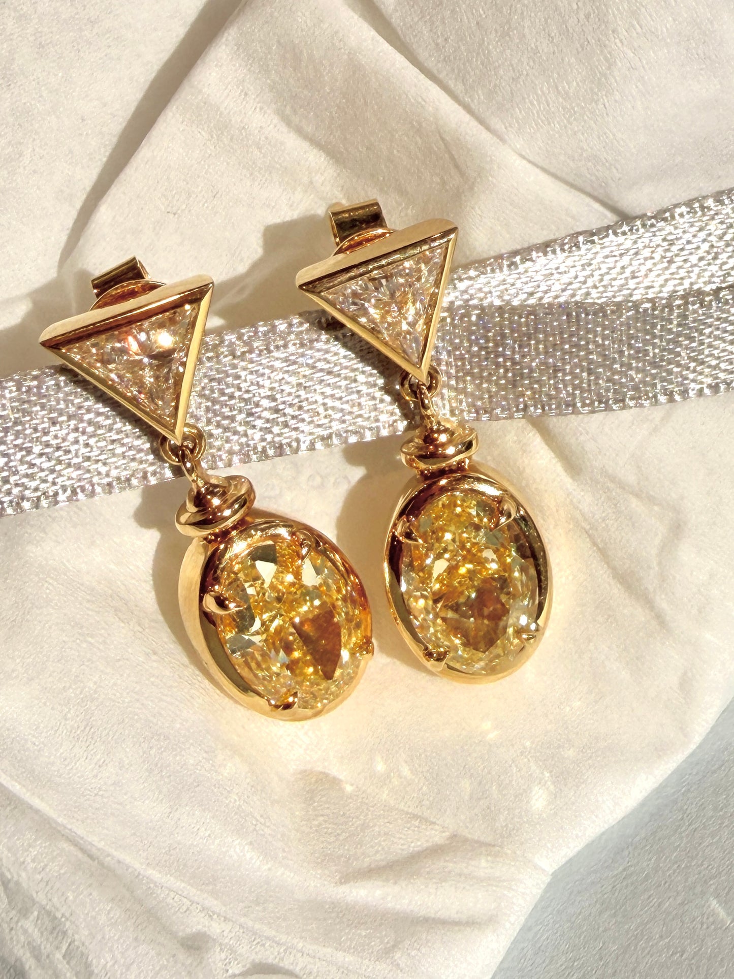 Secret Bloom Flip Earrings™2.5 ct each Ovel Lab Grown Fancy Yellow diamonds 18 k solid gold Customized earrings