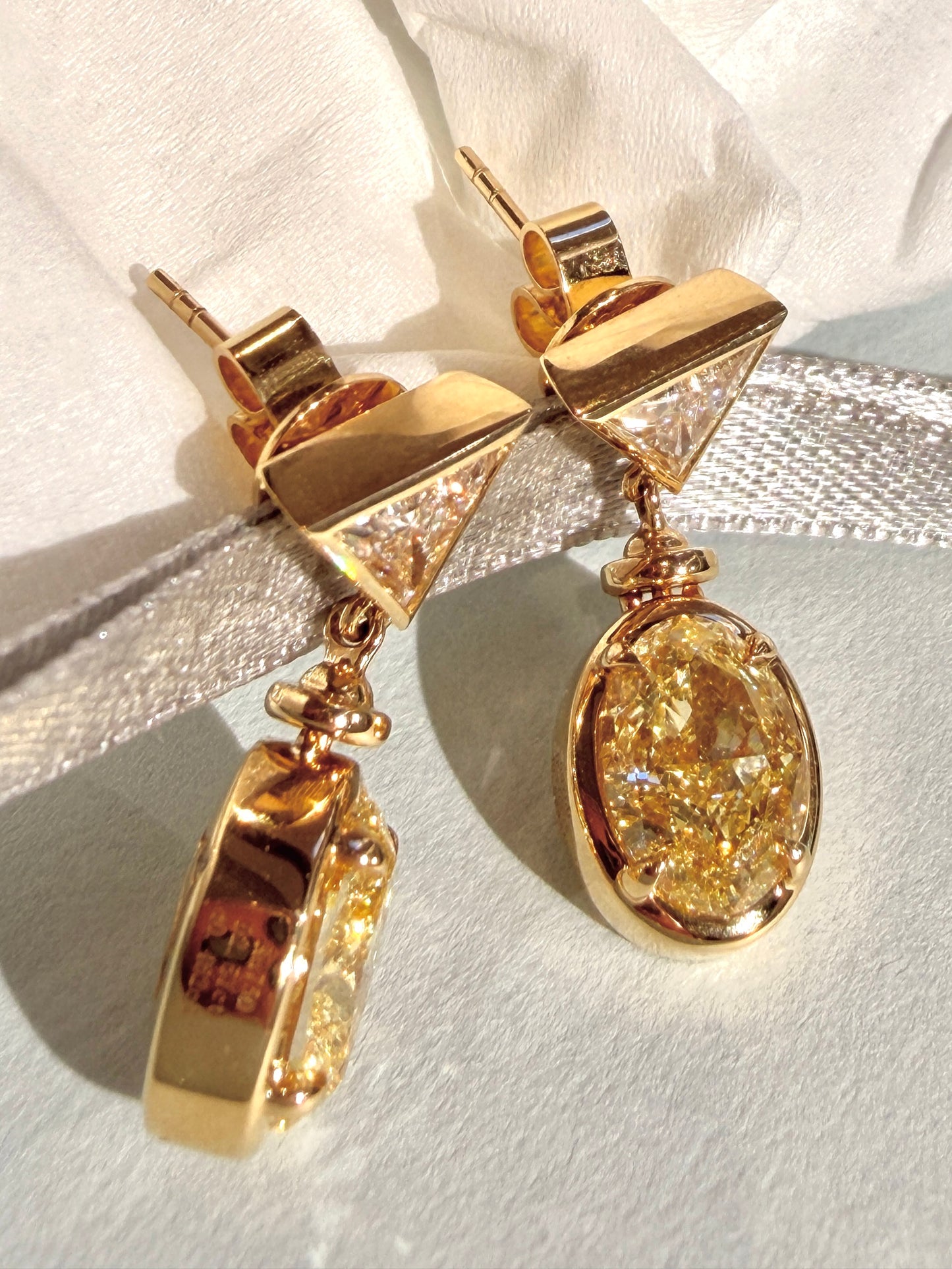 Secret Bloom Flip Earrings™2.5 ct each Ovel Lab Grown Fancy Yellow diamonds 18 k solid gold Customized earrings