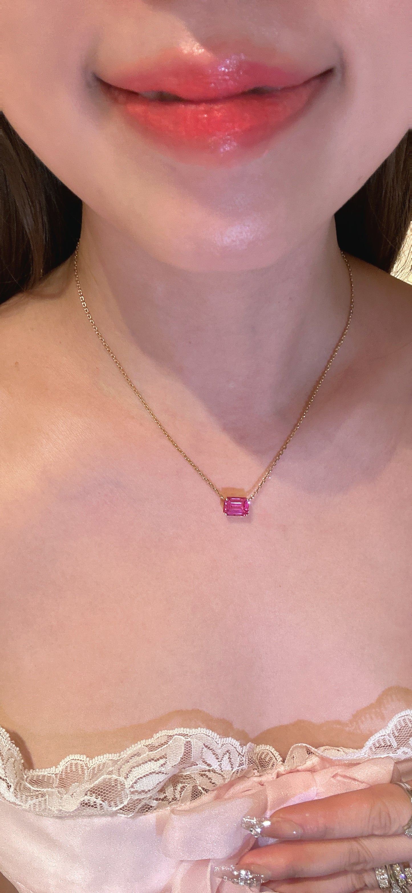 Lab grown pink sapphire princess necklace(18K GOLD)