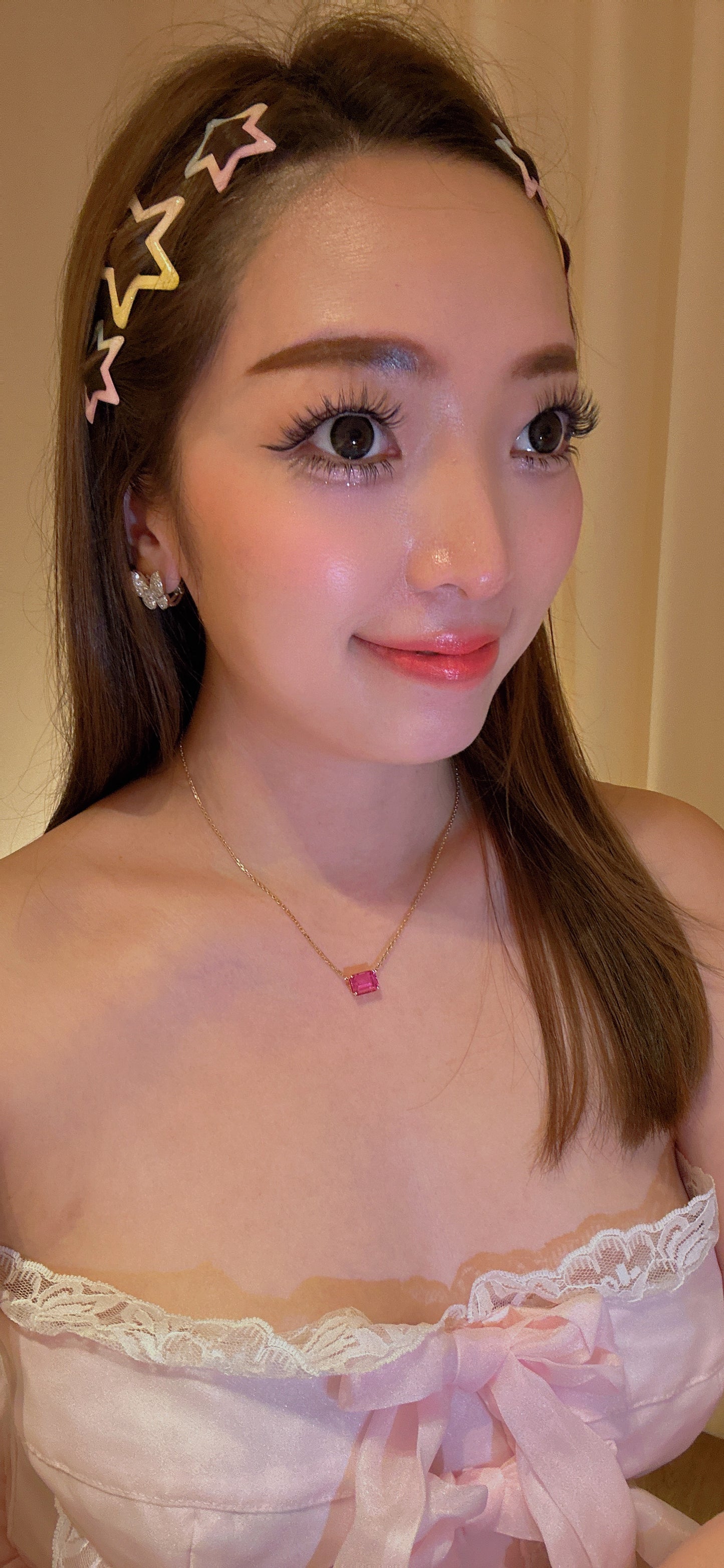Lab grown pink sapphire princess necklace(18K GOLD)